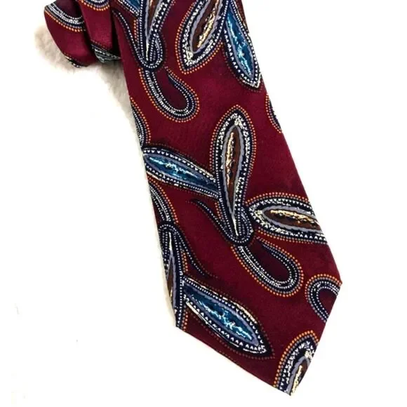 Men's Vintage 100% Italian Silk Tie - Burgandy Paisley Motif - Picture 5 of 11